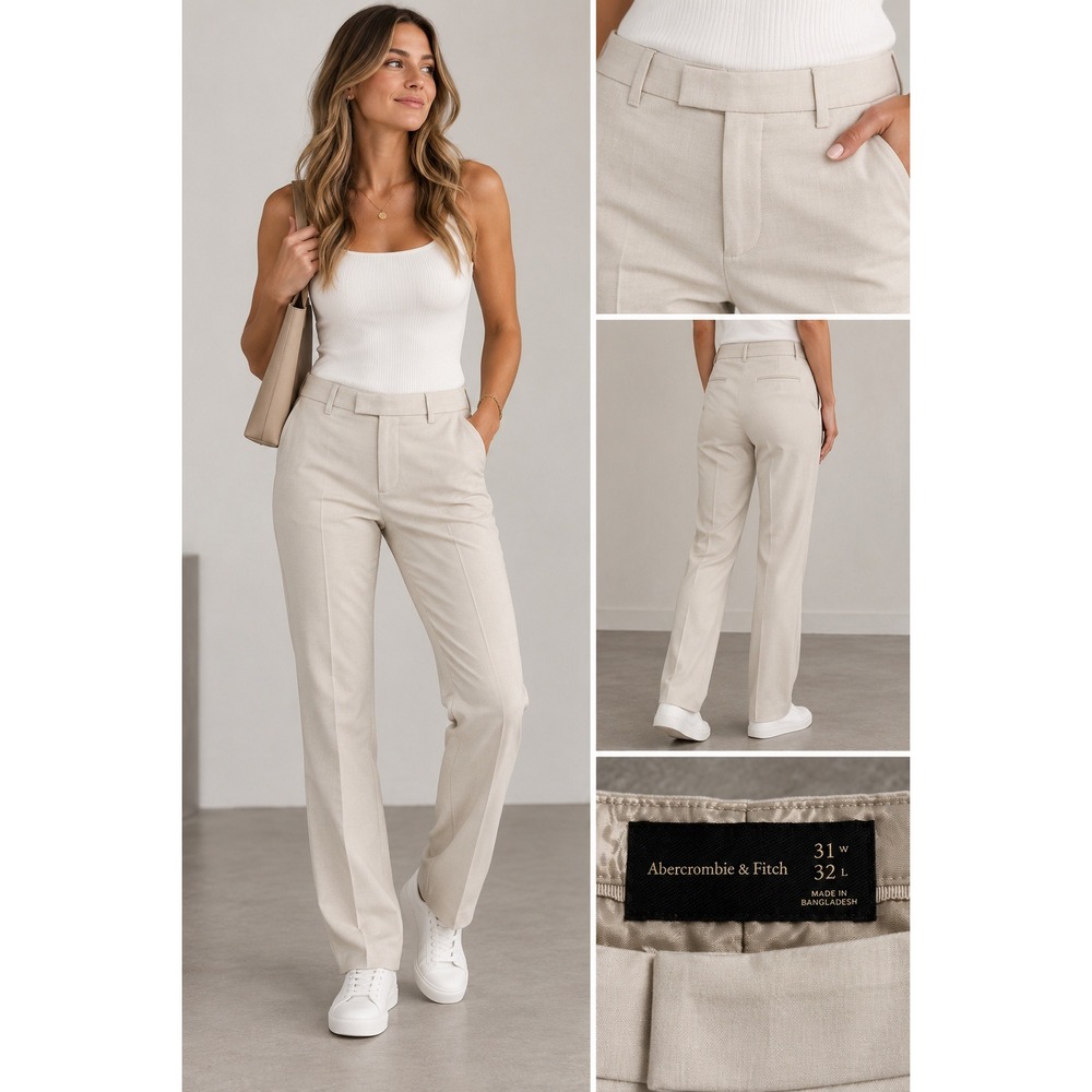 Abercrombie & Fitch Sloane Straight Leg Pants Beige Cream 31W 32L High Rise